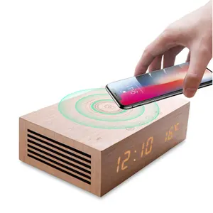 New Product Ideas 2024 Hands-free Function Wireless Charging Wooden BT Alarm Clock Speaker System