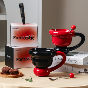 Mug à café créatif en céramique rouge et noir avec <span class=keywords><strong>grande</strong></span> poignée, base à bulles mignonne, <span class=keywords><strong>tasse</strong></span> à thé en <span class=keywords><strong>porcelaine</strong></span> pour le bureau, la maison, les cadeaux, les fêtes, les boissons - Product Image 1