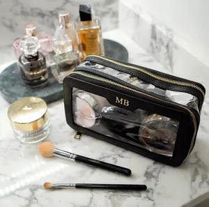 Großhandel benutzer definierte Logo TPU Reise Kosmetik tasche transparente Mode Echt leder Make-up-Tasche als Geschenk