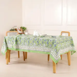 테이블 러너 면 직사각형 테이블 커버 도매 홈 테이블 천 손 블록 인쇄 녹색 꽃 인디언