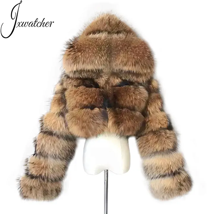 Jaqueta de pele de racoon 100% natural, para moças, quente, genuína, cropped, top, personalizado, de inverno, com capuz, casaco real