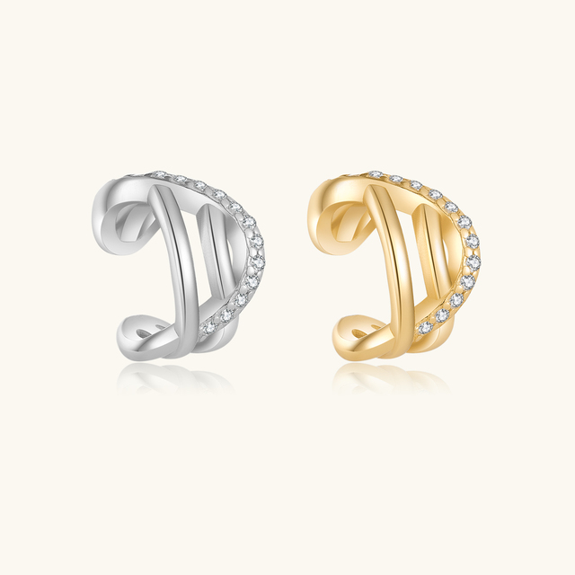 FUAMAY 925 Silver Zircon Korean Wave Multilayer Geometric Ear Cuff Clip on Earrings Classic Style Non-pierced Twisted Ear Cuff