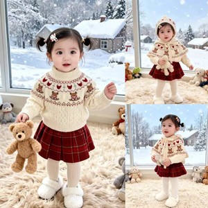 Girls Christmas Cartoon Sweater Set With Hat Thick Knit Plaid Skirt Cotton Two Piece Outfit - Product Image 5