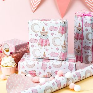 Baby shower Gift wrapping paper for girls Cartoon <b>pink</b> <b>bear</b> with moon pattern Double sided printing Customizable - Product Image 1