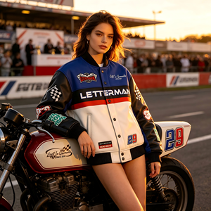 Chaqueta universitaria de motociclismo de alto gramaje al por mayor, estilo retro de carreras, con estampado de logotipo personalizado, tipo bomber, para uso diario en la calle, larga - Product Image 6