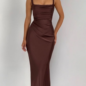 Custom Solid Natural Woven Eco-Friendly Breathable Ladies Party Halter Sleeveless Slim Fit Bodycon Maxi Dress for Women - Product Image 3