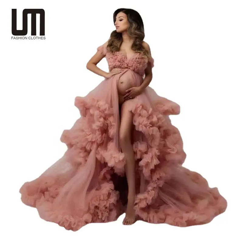 Liu Ming vente en gros mode 2024 femmes Sexy col en V maille volants maternité demoiselle d'honneur longue robe
