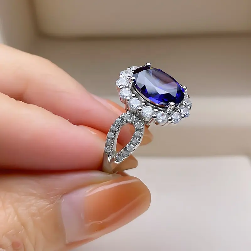 Bagues de fiançailles personnalisées en saphir bleu Bijoux de mariage en diamant Bague en argent sterling 925