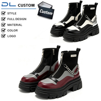 Bottes à plateforme mi-mollet pour femme, personnalisables, en cuir tricoté, avec blocs de couleur, fermeture éclair latérale, chaîne métallique, semelle robuste, style et couleur sur mesure