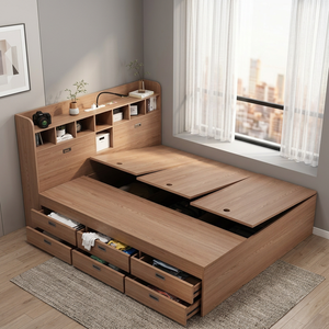 Base de Cama King Size de Madera de Teca con Cajones y Estantes, Diseño Moderno de Mediados de Siglo para Muebles de Dormitorio - Product Image 3