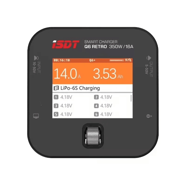 ISDT Q6 Retro 350W 16A DC Lipo Battery Balance Fast Charger Discharger Digital Battery Li-Hv Li-Ion Li-Fe NiMH Ni-Cd RC Model