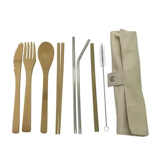 Paket tas OPP dapat digunakan kembali, alat makan bambu ramah lingkungan 16 cm gaya 1 pisau + 1 garpu + 1 sendok Set