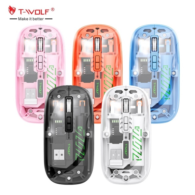T-WOLF X11 Transparent Wireless Mouse Dual Mode 2.4g+BT Lightweight Portable Mouse with Battery Indicator Charging Mice for Pc