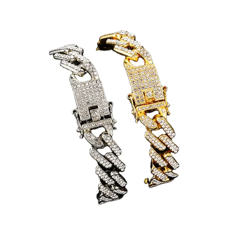 2024 nuevo KP Iced Out Rhombus 15mm Cuban Curb Link cadena pulsera oro plata Color para moda hombres mujeres joyería
