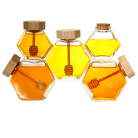 신상품 220ml/380ml 유리 꿀병 육각형 빈병 나무 뚜껑과 유리 꿀 젓는 막대 포함