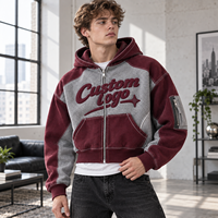 Sweat à capuche zippé personnalisé pour homme, coupe courte, color block, broderie chenille, logo personnalisé pour un style rétro streetwear