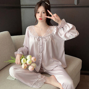 Pigiama in raso traspirante in tinta unita in seta di ghiaccio stile <span class=keywords><strong>palazzo</strong></span> donna primavera autunno nuovo Cardigan <span class=keywords><strong>pantaloni</strong></span> lunghi <span class=keywords><strong>a</strong></span> maniche lunghe estivo - Product Image 3