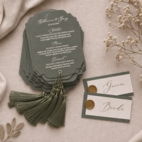 Invitation de mariage et carte de menu personnalisées en velours gaufré, style européen, faites à la main, vert sauge, découpe UV, détail pompon