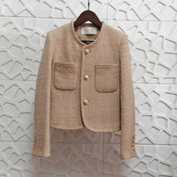 Veste en tweed de laine mélangée de luxe pour femme, style élégant, col rond, coupe courte, avec boutons dorés pour l'automne et l'hiver