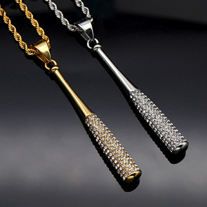 Père garçon hommes porte-clés bracelet Hip-hop bijoux strass acier inoxydable breloques 18k or pendentif bling baseball collier - Product Image 1