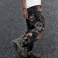 Jeans unisexe décontracté d'automne, effet vieilli, patchwork léopard et tête de mort, streetwear, coupe oversize, avec boutons, fermetures éclair et clous décoratifs