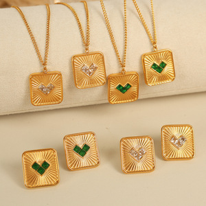 Thai Retro Style Women's Heart Zircon Jewelry <b>Set</b> <b>Square</b> Pendant Necklace Earrings Everyday Wear Bezel Setting - Product Image 1