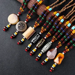 Bohemian vintage ethnic style handmade bead woven long pendant buddha necklace for women jewelry
