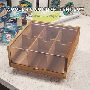 Caja de Almacenamiento de Bolsitas de Café y Té de Madera Maciza Rectangular con 6 Compartimentos, Diseño Clásico, Tapa de Aluminio, Acrílico Transparente, Apta para Alimentos - Product Image 2