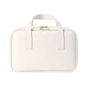 Bolsa de maquillaje de gran capacidad con bolsillos para brochas, estuche cosmético impermeable para uso diario, color sólido blanco y rosa - Product Image 3