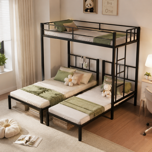 Moderna litera metálica en forma de L con litera superior extragrande y litera inferior doble, 3 camas en 1, estructura de cama metálica que ahorra espacio para niños, adolescentes y adultos - Product Image 5