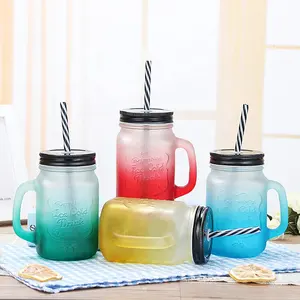 Wholesale Food Grade BPA Free Custom Plastic/Glass Mason Jar With Handle And Straw