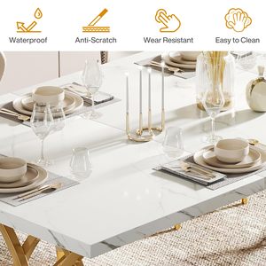 Mesa de Comedor SENYU de Estilo Occidental Moderno, Rectangular, de Lujo, para 4 a 6 Personas, en Blanco y Dorado con Imitación de Mármol, 160 cm - Product Image 6