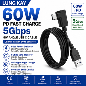 LUNG KAY สาย USB 3.0 a ถึง USB C แบบมุมฉาก 90 องศา ความเร็วในการถ่ายโอนข้อมูล 5Gbps รองรับการชาร์จเร็ว 3A 60W สำหรับแล็ปท็อป แท็บเล็ต โทรศัพท์ - Product Image 1