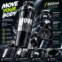 Bouteille shaker protéinée 800 ml sans BPA avec paille, boule mélangeuse, bouchon à clapet, en PP de qualité alimentaire, pour gym et fitness, logo personnalisé, OEM, vente en gros