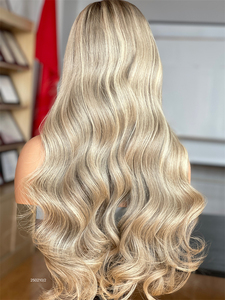 Perruque Lace Frontale Transparente en Cheveux Humains Vierges Européens Double Drawn, Ondulée Blonde avec Raie Latérale et Racines Brun Foncé - Product Image 4