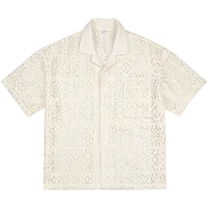 Summer Clothing Casual Texture Crotchet Button Up Lace Shirt Custom Mens Fashion Short Sleeves Crochet Knit Shirts For Men