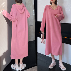 Coreano Pianura Maniche Lunghe Casuale Cotone Bianco Lungo del Vestito Delle Signore Allentato Con Cappuccio di Grandi Dimensioni T Abiti Camicia Abbigliamento Donna - Product Image 1