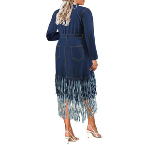 Y218538 Đầm DENIM TUA RUA <span class=keywords><strong>Midi</strong></span> A-line hợp thời trang cho nữ trang trí nút chắp vá ve áo dài tay cộng với kích thước phong cách giản dị ODM - Product Image 4