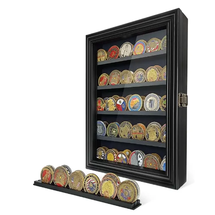 Coin Display Case with Glass Door 5 Rows Medal Display Case Cabinet Rack Shadow Box with Removable 2 Grooves Shelves Poker Chips
