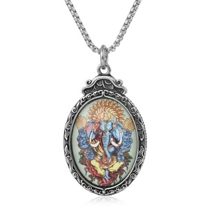 Yunnique Stainless Steel Ganesha Thangka Bezel Setting Geometric Pendant Religious <b>Necklace</b> for Men Women Gift Jewelry - Product Image 1