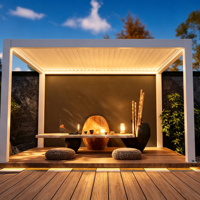 Pergola d'hôtel motorisée en aluminium à toit à lames orientables, étanche, résistante au vent, avec capteur de pluie, télécommande intelligente et bandes lumineuses LED