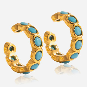 Huggie Earrings Turquoise Stone Bezel Setting Stainless Steel Women's Jewelry <b>Gift</b> Geometric Design - Product Image 1