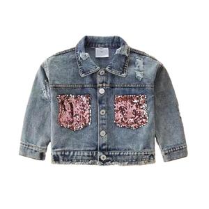 Customized <strong>Girls</strong> Clothing <strong>Long</strong> Casual Denim Jacket with Sequined Packet &amp; Embroidery Baby <strong>Girl</strong> <strong>Coat</strong>