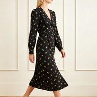 Robe longue florale vintage décontractée pour femme, à volants, col en V, manches longues bouffantes, ceinture et boutons sur le devant – Nouvelle collection très prisée