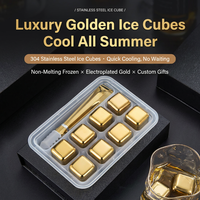 Cubes de refroidissement réutilisables en acier inoxydable 304 de qualité alimentaire, blocs de glace carrés dorés, boîte cadeau avec pince en silicone et outil de bar