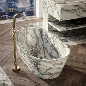 Huaxu Offre Spéciale ronde autoportante baignoire en marbre autoportante solide naturel Arabescato marbre pierre baignoires