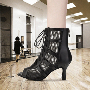 <b>Women</b> Black Mesh Ankle Boots Lace Up Open Toe Low <b>Heel</b> Dance Shoes Synthetic Upper High Quality Leather Low MOQ OEM ODM DDP - Product Image 3