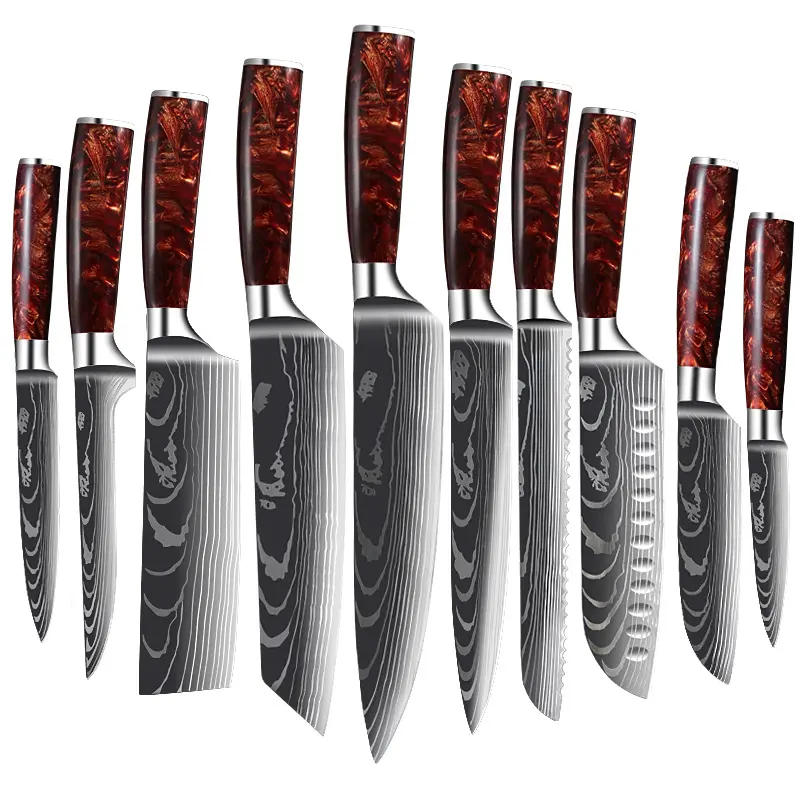 Factory Hand-Made 10pcs 8pcs Santoku Knife Set Red Resin Handle 4cr13 Santoku Bread Laser Damascus Pattern Kitchen Knives sets