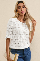 Chemise de créateur personnalisée Chemise en mousseline à volants de couleur unie, col rond, haut jacquard creux à manches trois-quarts Blouses et chemises pour femmes