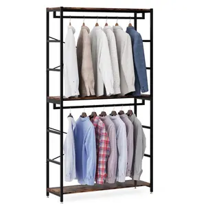 Tribesigns Heavy Duty 3 Tiers Shelves Clothes Portable Garment Racks Double Hanger Rod Wardrobe Wooden Bedroom Furniture